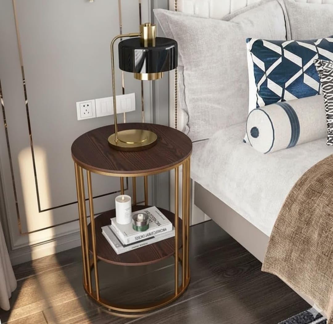 Modern Round Side Table with Wooden Top & Gold Metal Frame – 2-Tier Bedside & Sofa Table