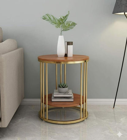 Modern Round Side Table with Wooden Top & Gold Metal Frame – 2-Tier Bedside & Sofa Table