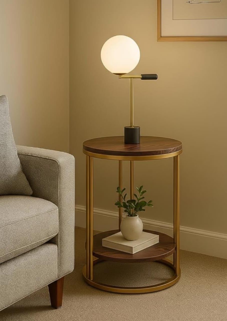 Modern Round Side Table with Wooden Top & Gold Metal Frame – 2-Tier Bedside & Sofa Table