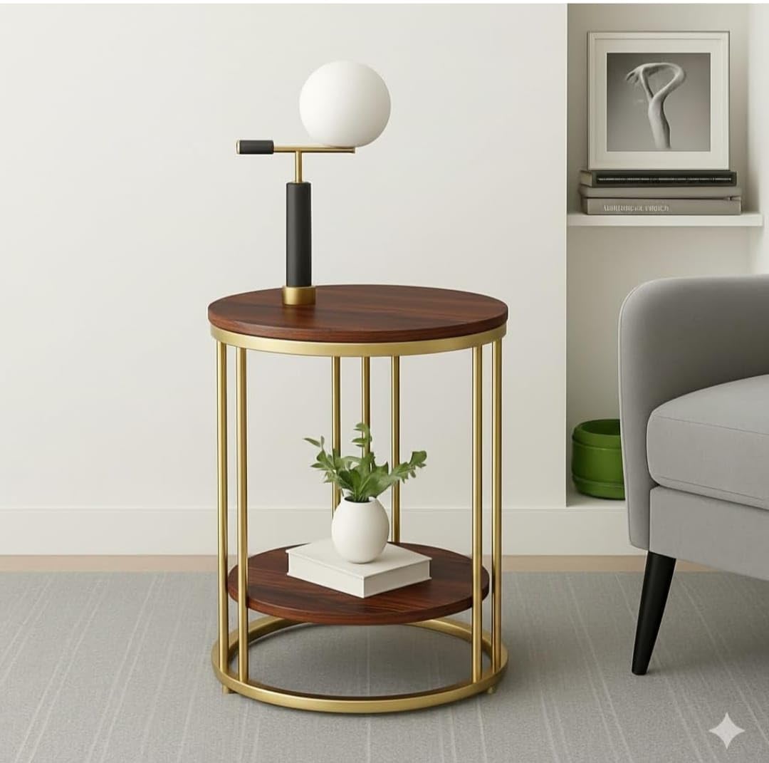 Modern Round Side Table with Wooden Top & Gold Metal Frame – 2-Tier Bedside & Sofa Table