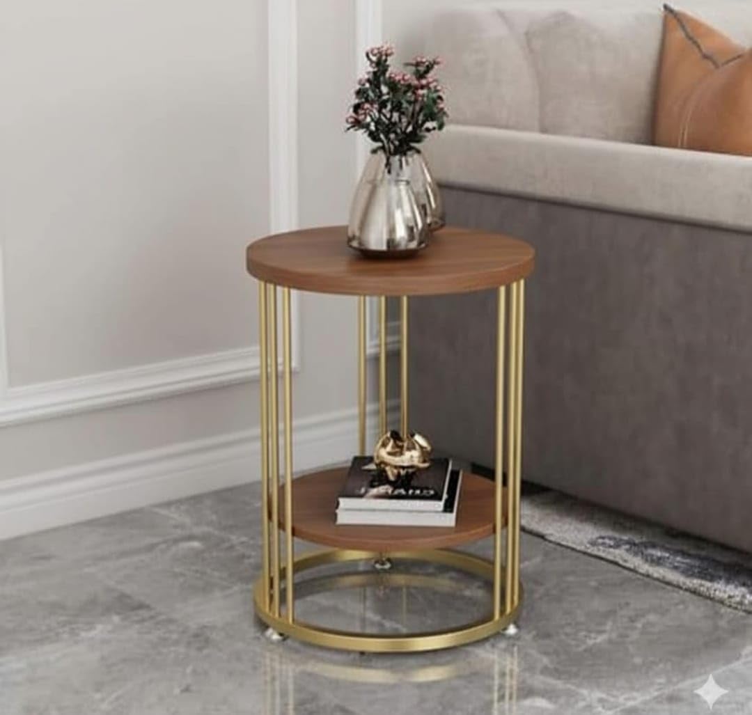 Modern Round Side Table with Wooden Top & Gold Metal Frame – 2-Tier Bedside & Sofa Table