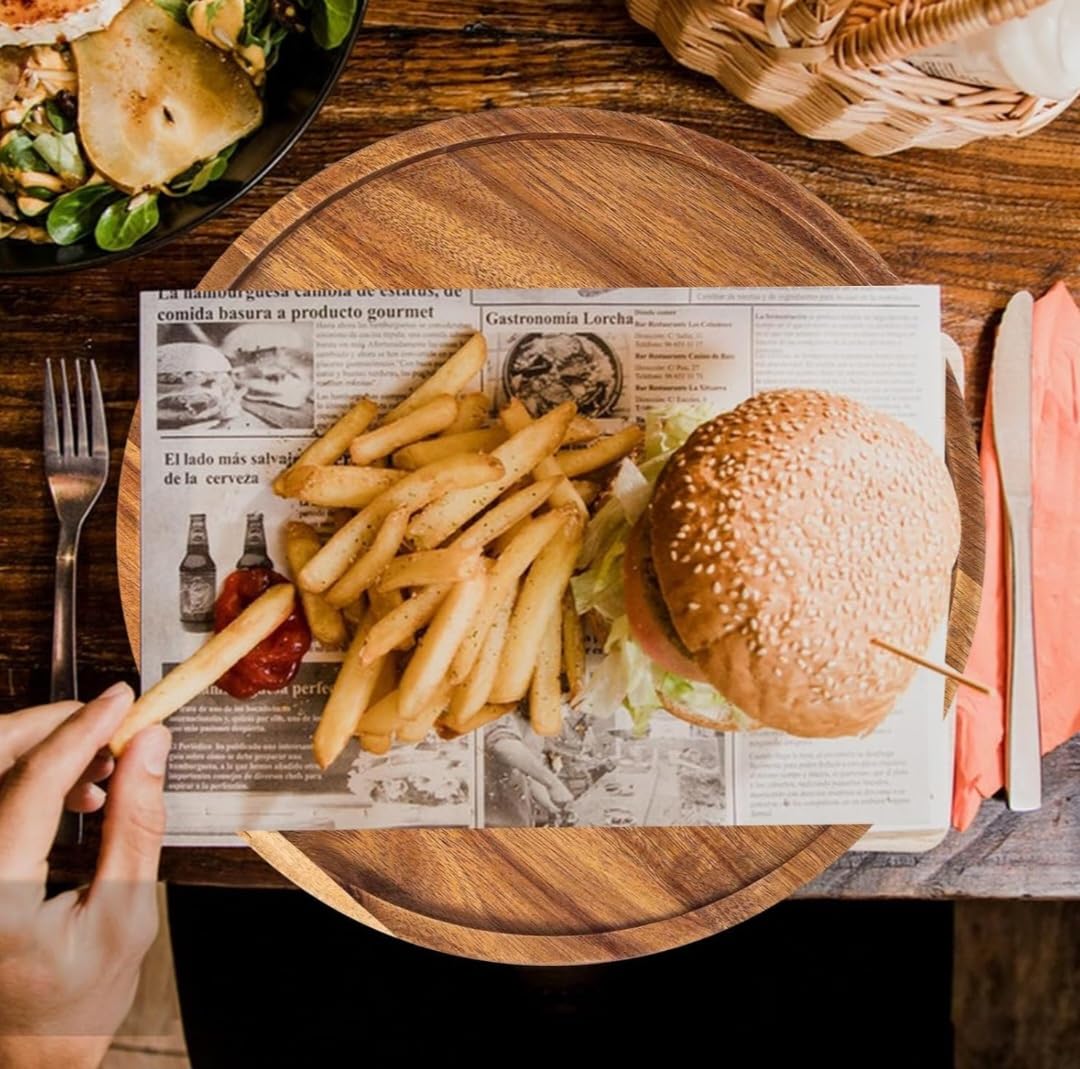 Round Acacia Wood Serving Tray | Handmade Wooden Platter for Snacks, Tea & Décor