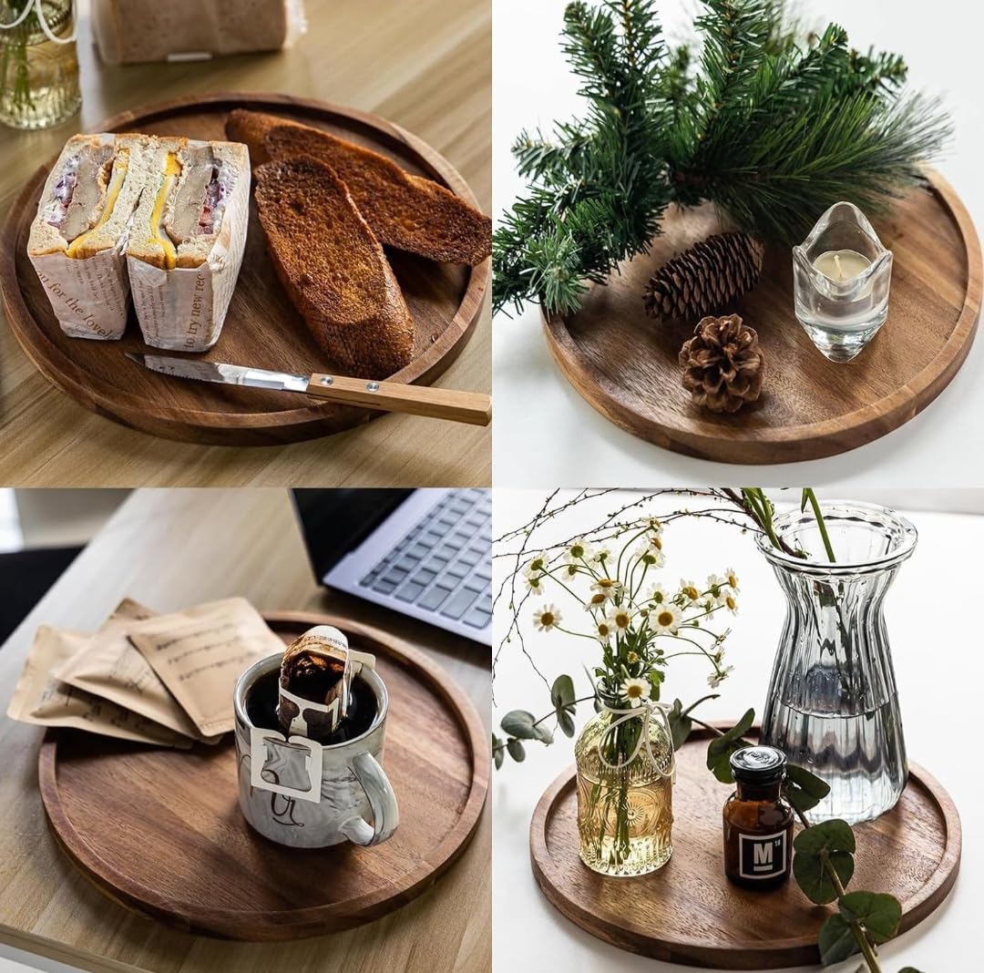 Round Acacia Wood Serving Tray | Handmade Wooden Platter for Snacks, Tea & Décor