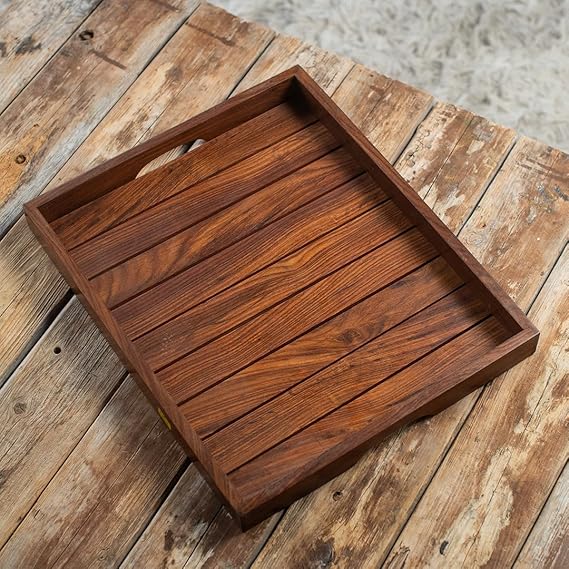 Handcrafted Solid Wood Serving Tray – Rustic Wooden Breakfast & Tea Tray with Raised Edges