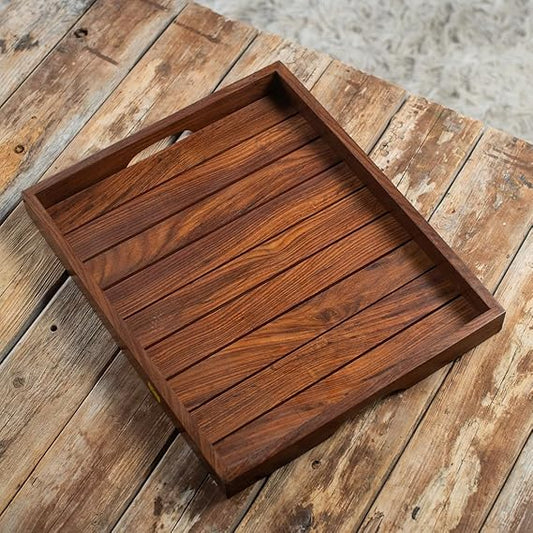 Handcrafted Solid Wood Serving Tray – Rustic Wooden Breakfast & Tea Tray with Raised Edges