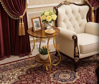 2-Tier Wooden Side Table with Metal Frame | Modern Round End Table for Living Room & Bedroom