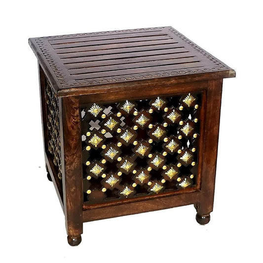 Handcrafted Wooden Side Table with Brass Inlay & Decorative Lattice Panel