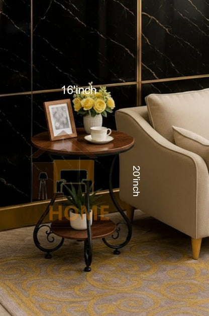2-Tier Wooden Side Table with Metal Frame | Modern Round End Table for Living Room & Bedroom
