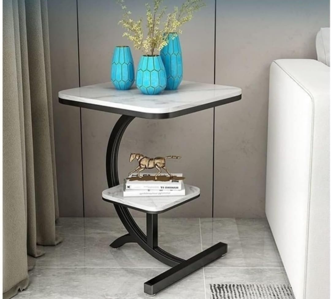 Modern C-Shaped Side Table with Dual Shelves | Marble Finish Sofa & Bedside Table