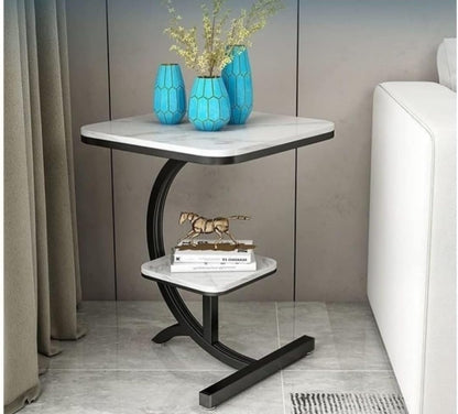 Modern C-Shaped Side Table with Dual Shelves | Marble Finish Sofa & Bedside Table