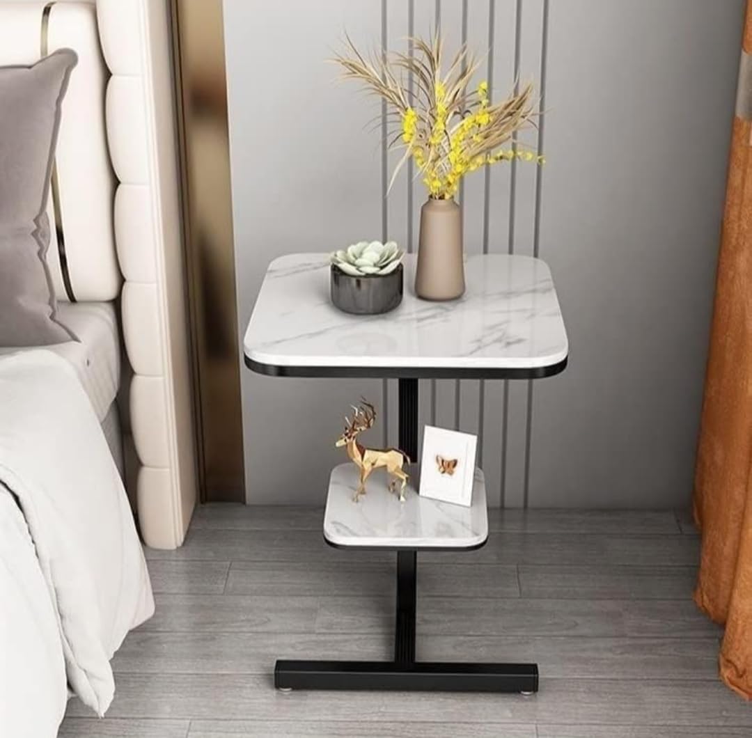Modern C-Shaped Side Table with Dual Shelves | Marble Finish Sofa & Bedside Table