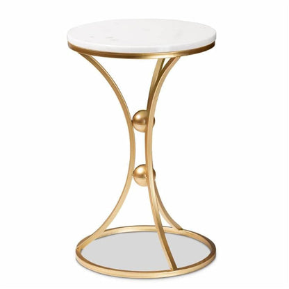 Modern Gold Metal Side Table with White Marble Top | Luxury Accent End Table for Living Room & Bedroom