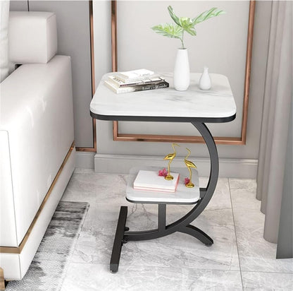 Modern C-Shaped Side Table with Dual Shelves | Marble Finish Sofa & Bedside Table