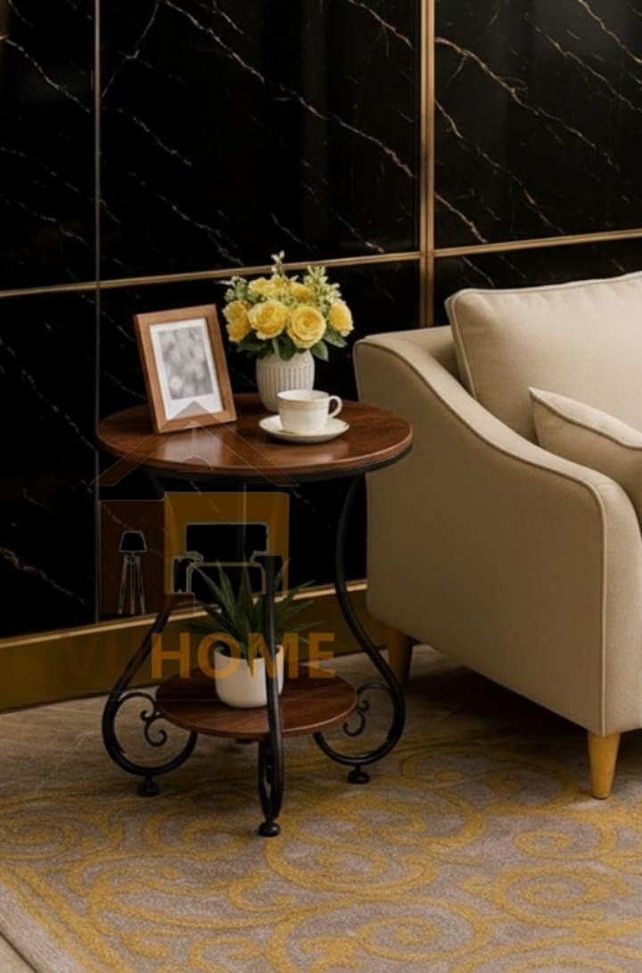 2-Tier Wooden Side Table with Metal Frame | Modern Round End Table for Living Room & Bedroom