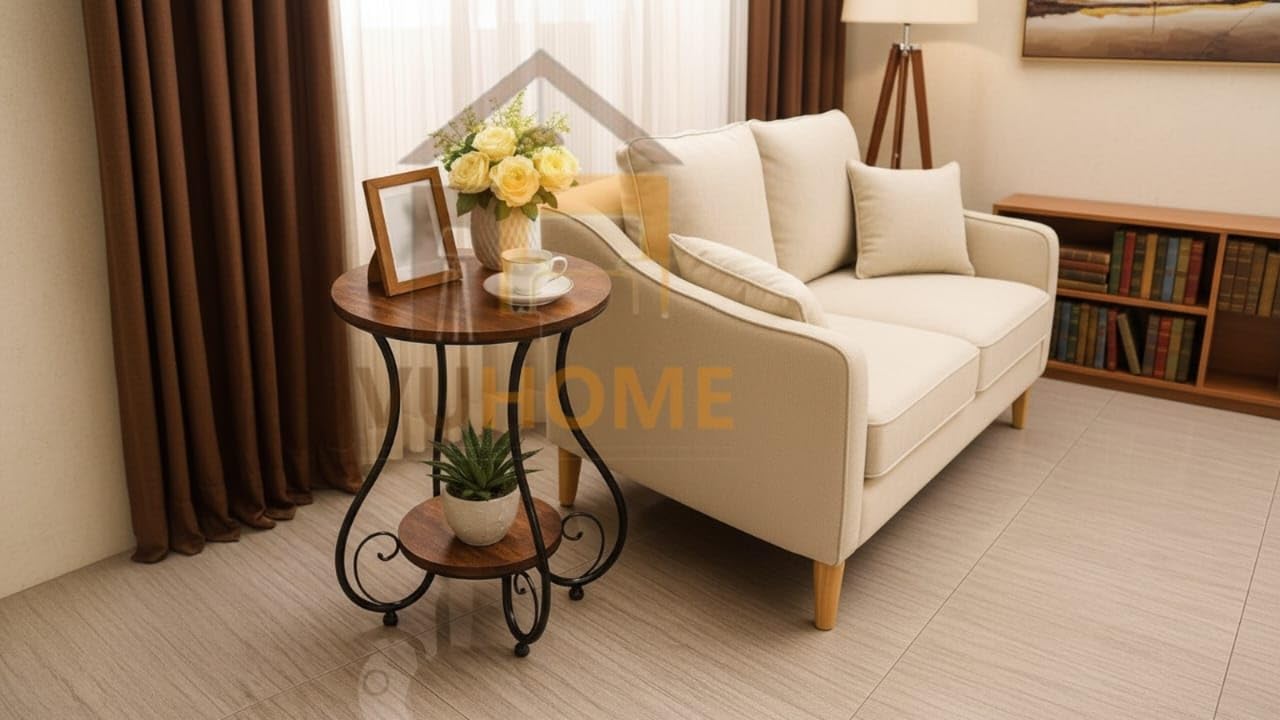 2-Tier Wooden Side Table with Metal Frame | Modern Round End Table for Living Room & Bedroom