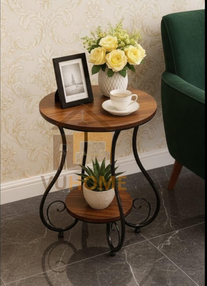 2-Tier Wooden Side Table with Metal Frame | Modern Round End Table for Living Room & Bedroom