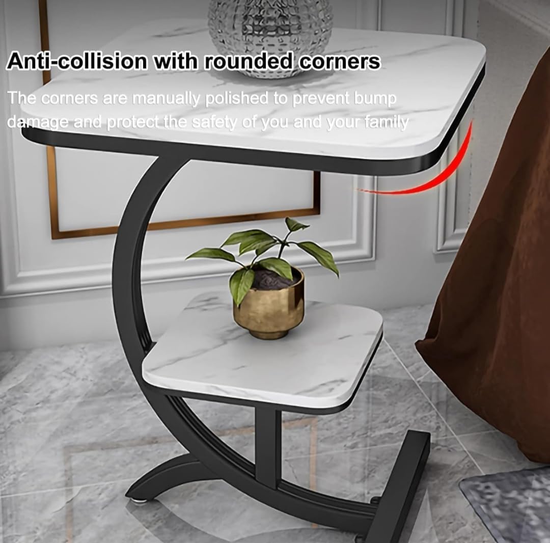 Modern C-Shaped Side Table with Dual Shelves | Marble Finish Sofa & Bedside Table