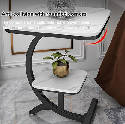 Modern C-Shaped Side Table with Dual Shelves | Marble Finish Sofa & Bedside Table