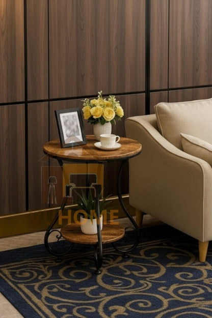 2-Tier Wooden Side Table with Metal Frame | Modern Round End Table for Living Room & Bedroom