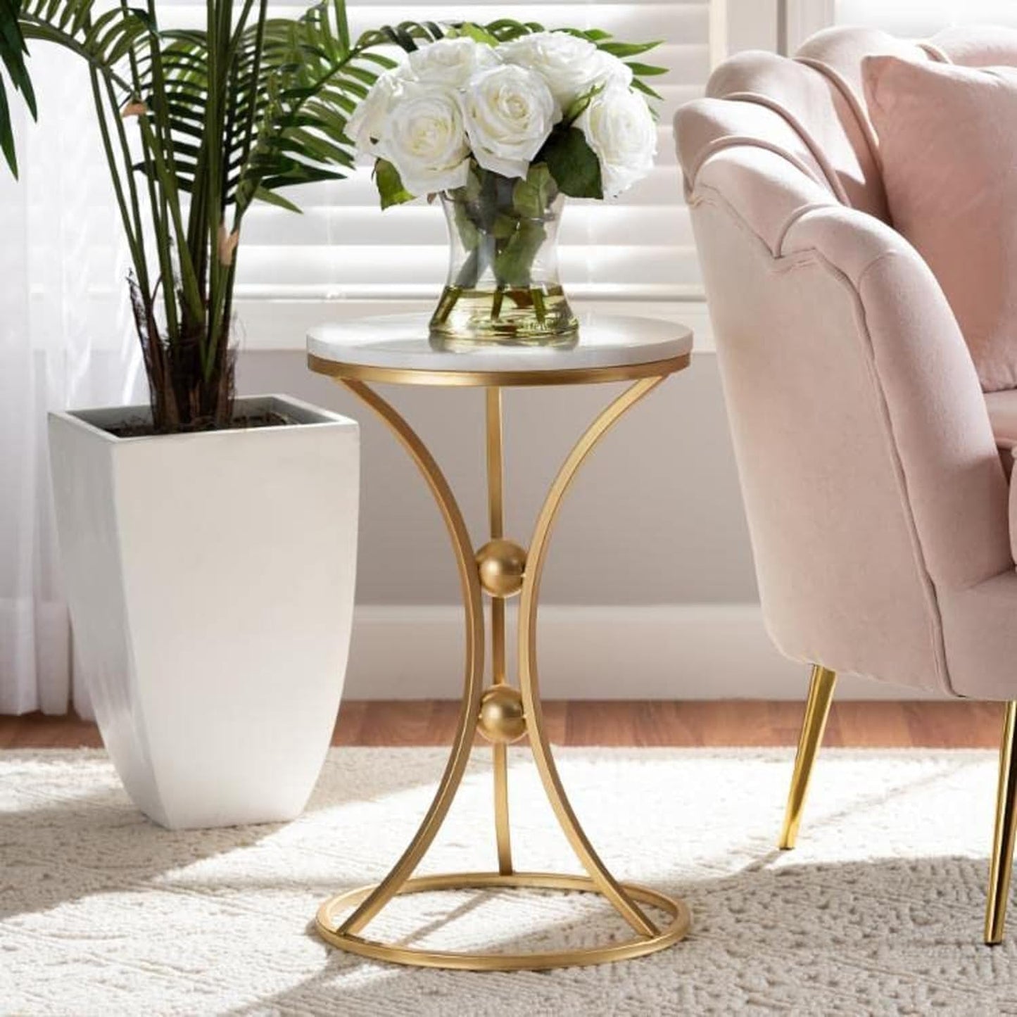 Modern Gold Metal Side Table with White Marble Top | Luxury Accent End Table for Living Room & Bedroom