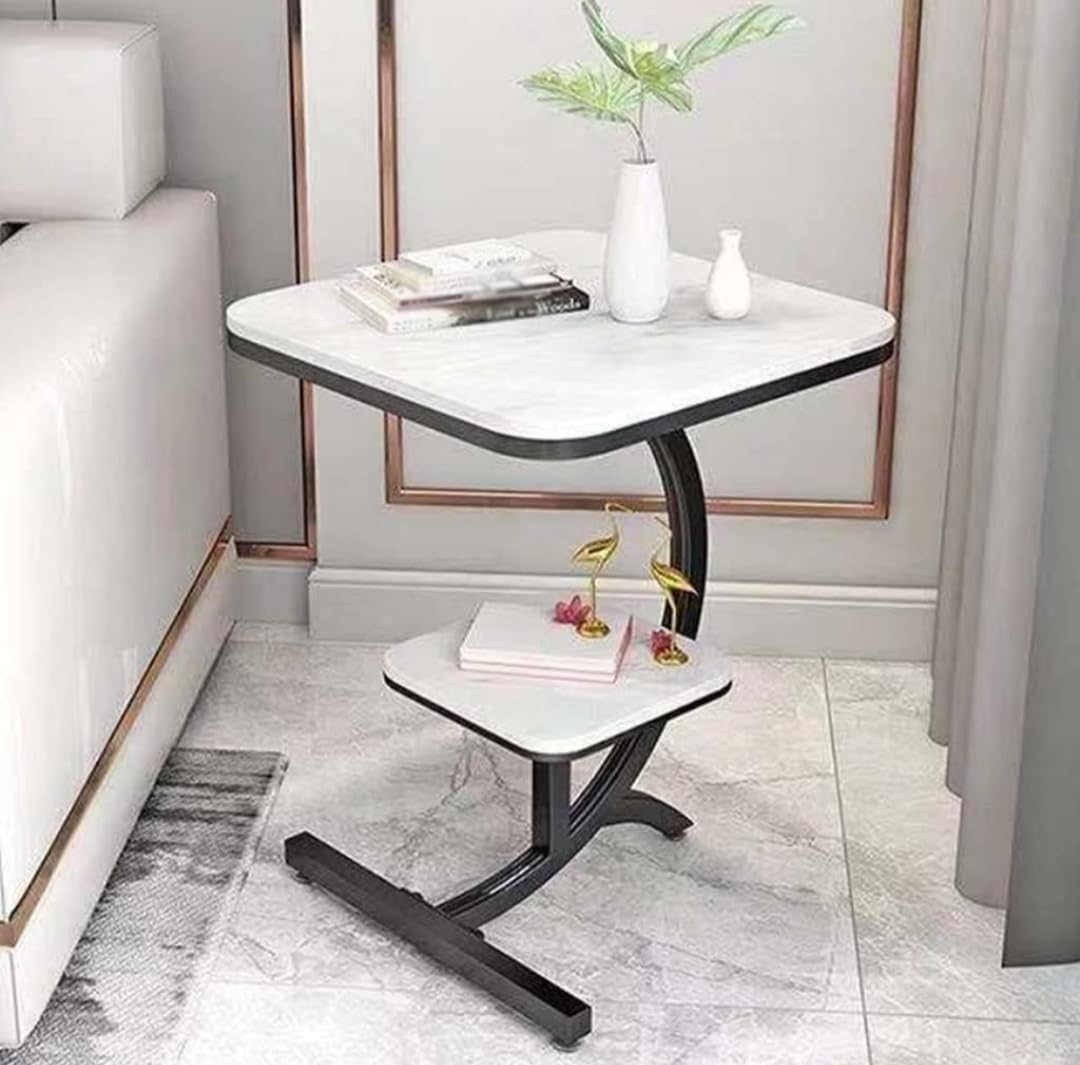 Modern C-Shaped Side Table with Dual Shelves | Marble Finish Sofa & Bedside Table