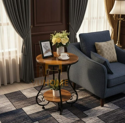 2-Tier Wooden Side Table with Metal Frame | Modern Round End Table for Living Room & Bedroom