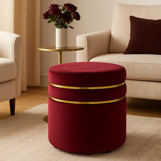 Luxury Velvet Round Ottoman Stool with Gold Accent Band – Multi-Purpose Seating & Footrest