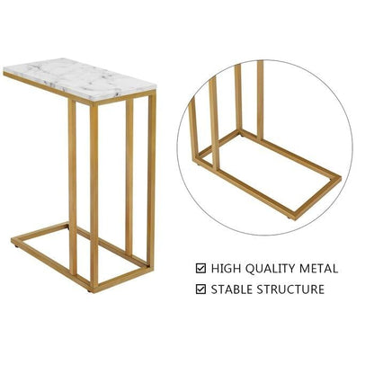 Modern C-Shaped Sofa Side Table with Marble Top & Gold Metal Frame | Bedside End Table