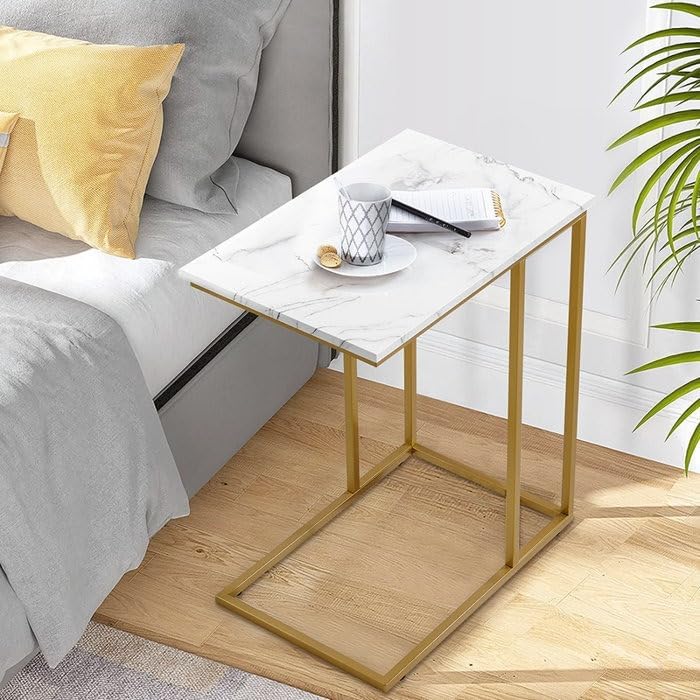 Modern C-Shaped Sofa Side Table with Marble Top & Gold Metal Frame | Bedside End Table