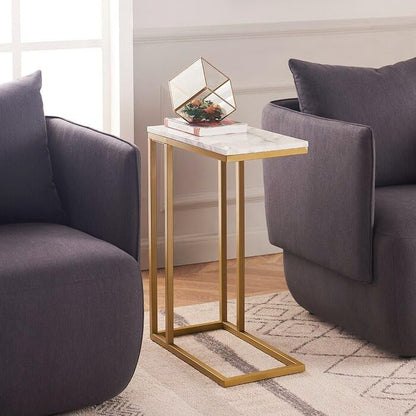 Modern C-Shaped Sofa Side Table with Marble Top & Gold Metal Frame | Bedside End Table