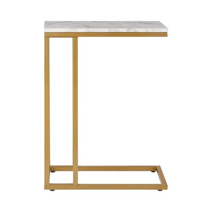 Modern C-Shaped Sofa Side Table with Marble Top & Gold Metal Frame | Bedside End Table
