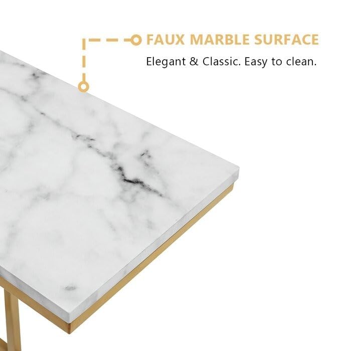 Modern C-Shaped Sofa Side Table with Marble Top & Gold Metal Frame | Bedside End Table