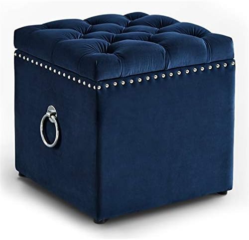 Luxury Velvet Tufted Storage Ottoman Stool – Square Footrest with Nailhead Trim & Ring Handle (Blue)