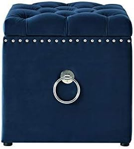Luxury Velvet Tufted Storage Ottoman Stool – Square Footrest with Nailhead Trim & Ring Handle (Blue)