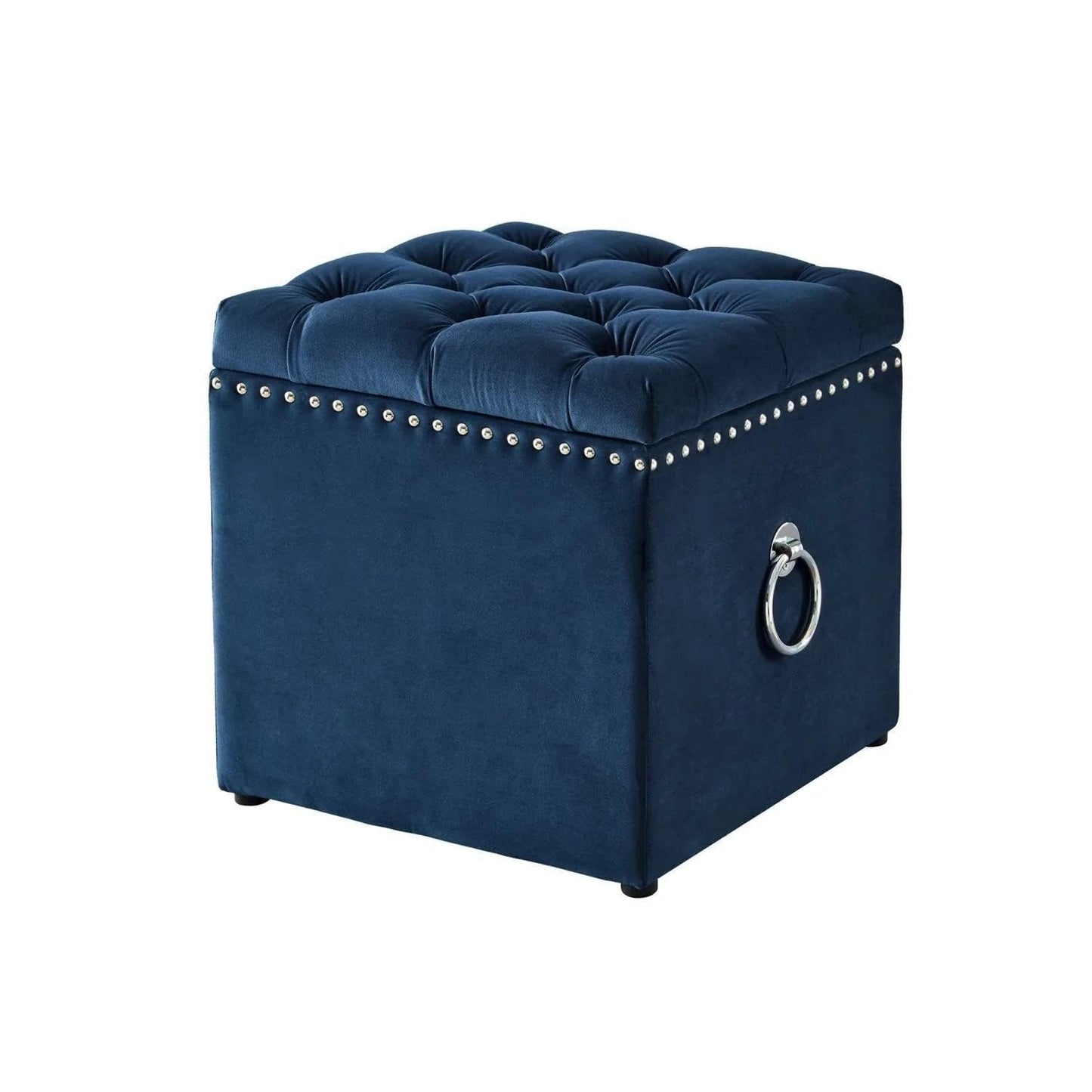 Luxury Velvet Tufted Storage Ottoman Stool – Square Footrest with Nailhead Trim & Ring Handle (Blue)