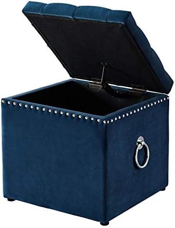 Luxury Velvet Tufted Storage Ottoman Stool – Square Footrest with Nailhead Trim & Ring Handle (Blue)
