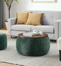 Modern Round Storage Coffee Table with Wooden Top – Upholstered Ottoman Center Table