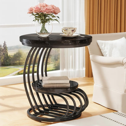 Modern Gold Accent Side Table with Wooden Shelves | Luxury Round End Table for Living Room & Bedroom