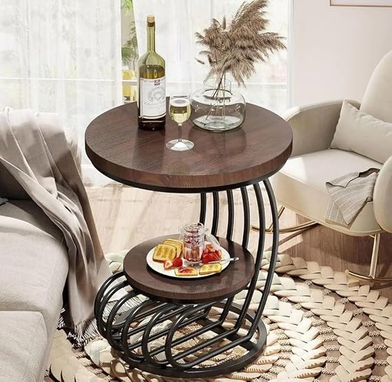 Modern Gold Accent Side Table with Wooden Shelves | Luxury Round End Table for Living Room & Bedroom