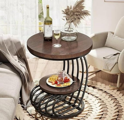 Modern Gold Accent Side Table with Wooden Shelves | Luxury Round End Table for Living Room & Bedroom