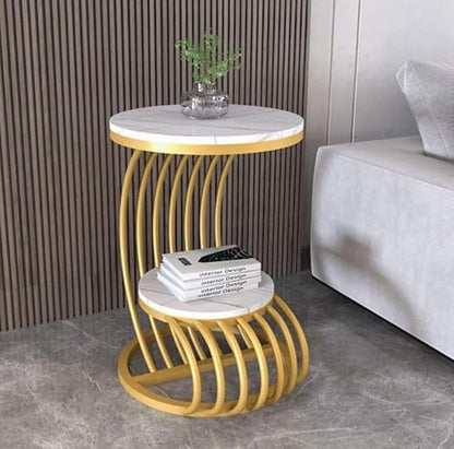 Modern Gold Accent Side Table with Wooden Shelves | Luxury Round End Table for Living Room & Bedroom