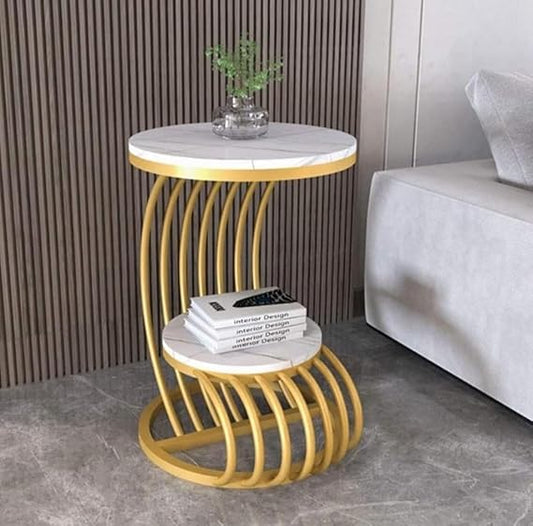 Modern Gold Accent Side Table with Wooden Shelves | Luxury Round End Table for Living Room & Bedroom
