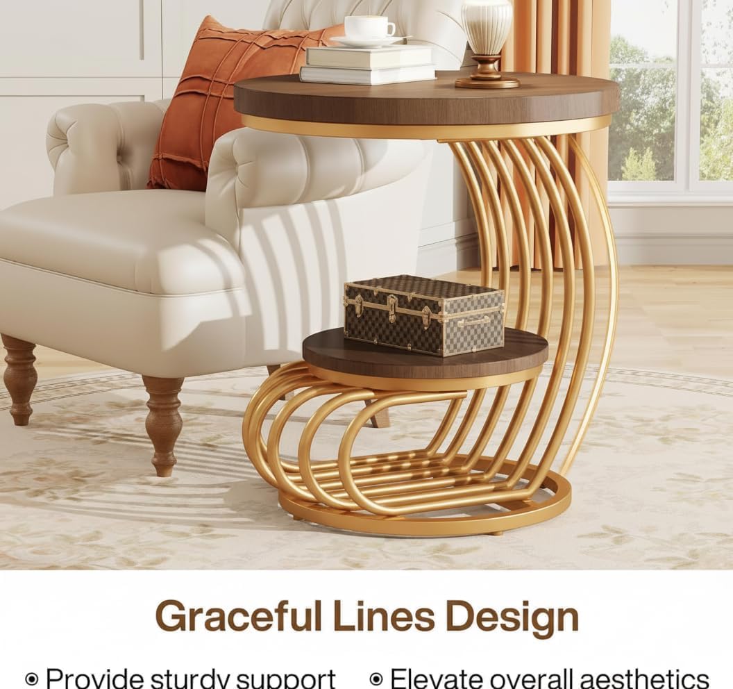 Modern Gold Accent Side Table with Wooden Shelves | Luxury Round End Table for Living Room & Bedroom