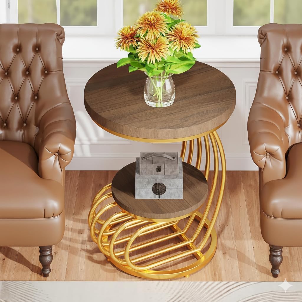 Modern Gold Accent Side Table with Wooden Shelves | Luxury Round End Table for Living Room & Bedroom
