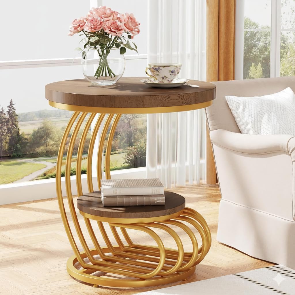 Modern Gold Accent Side Table with Wooden Shelves | Luxury Round End Table for Living Room & Bedroom