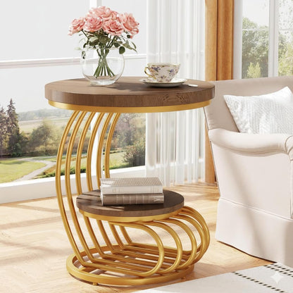 Modern Gold Accent Side Table with Wooden Shelves | Luxury Round End Table for Living Room & Bedroom