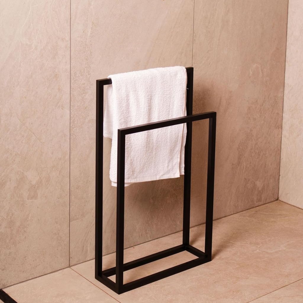Modern Freestanding Towel Stand – Matte Black Minimalist Bathroom Towel Rack