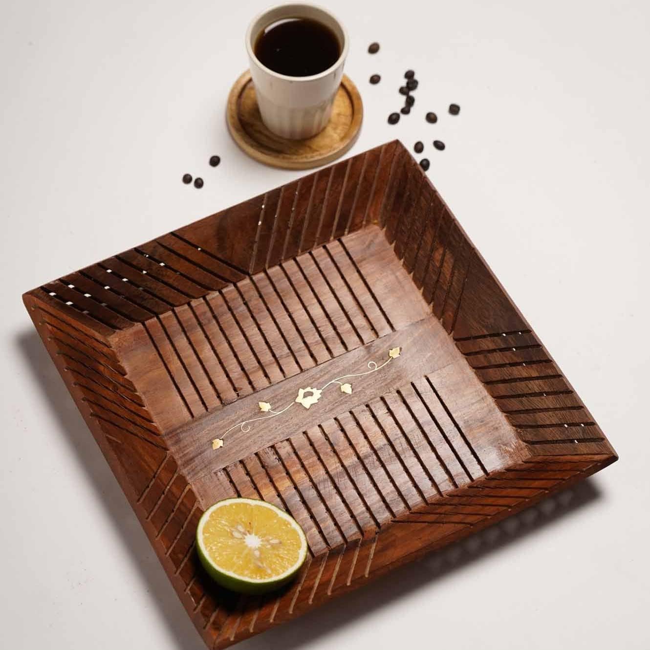 Handcrafted Wooden Serving Tray with Brass Inlay – Premium Multipurpose Tea & Snack Tray