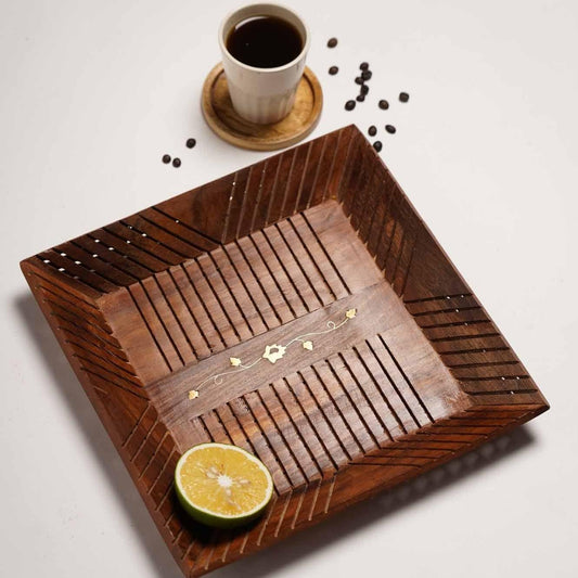 Handcrafted Wooden Serving Tray with Brass Inlay – Premium Multipurpose Tea & Snack Tray