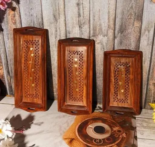 Handcrafted Carved Wooden Serving Trays (Set of 3) | Vintage Decorative Tea & Snack Trays